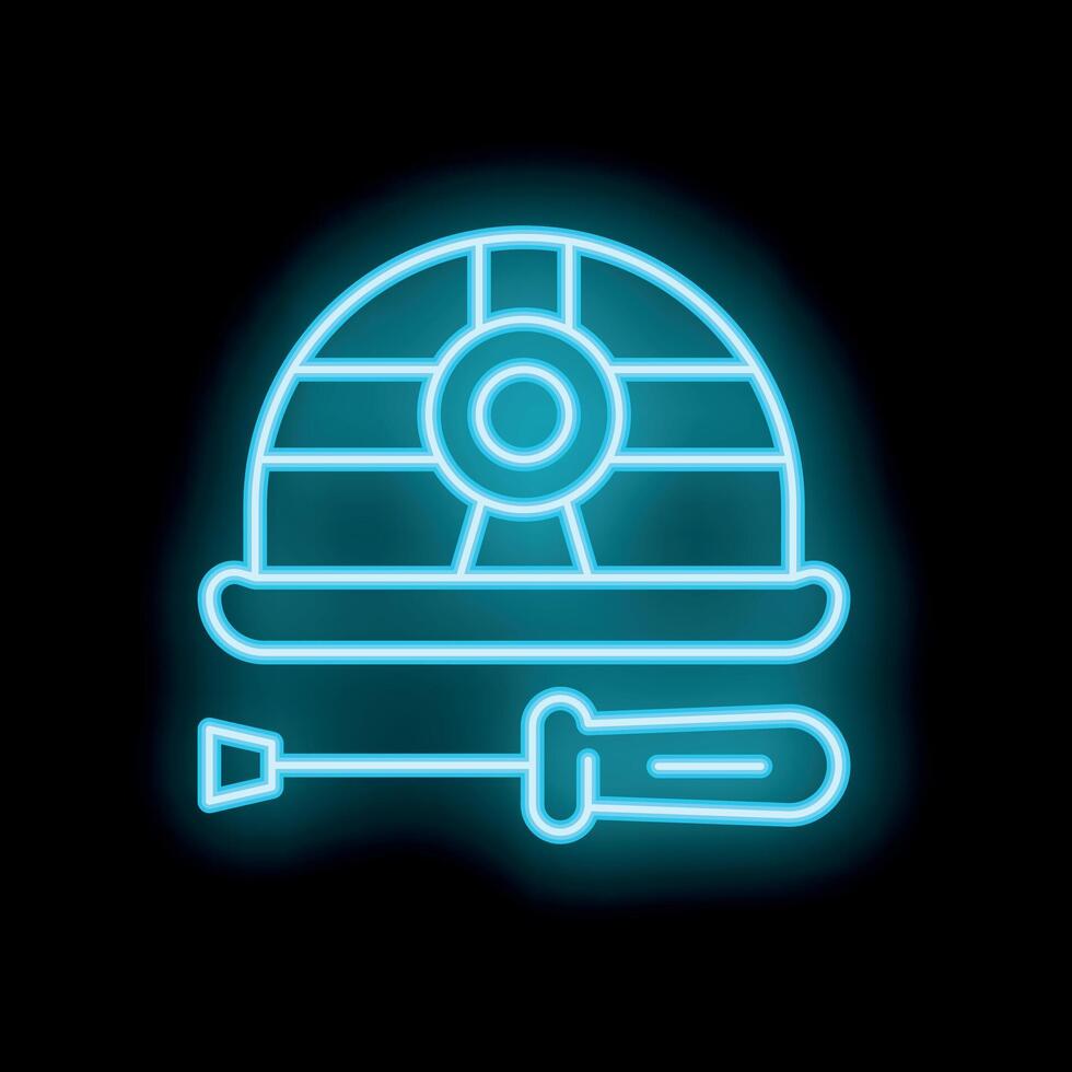 Blue neon sign of construction hard hat and screwdriver on black background vector