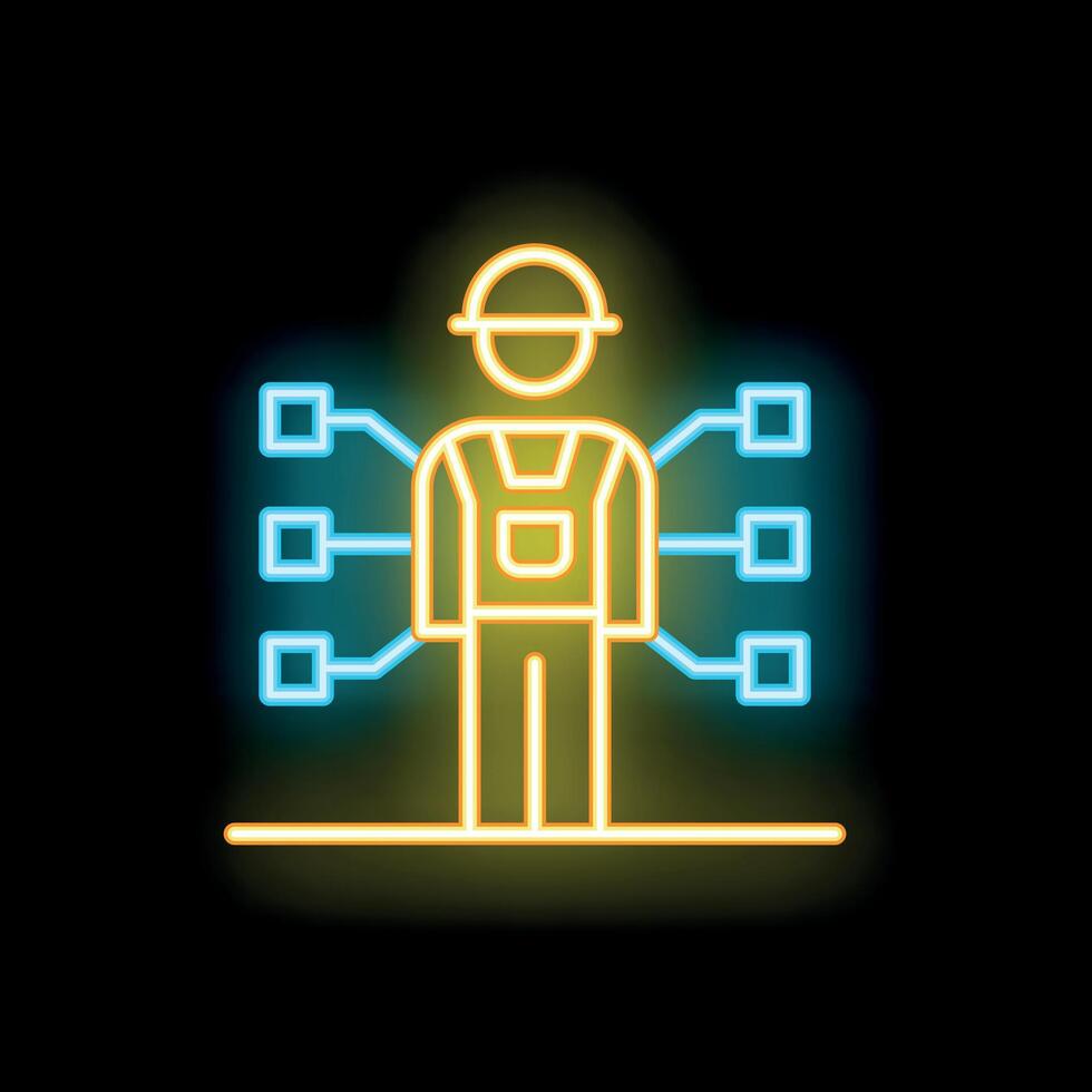 Neon icon of construction worker managing multiple tasks simultaneously vector