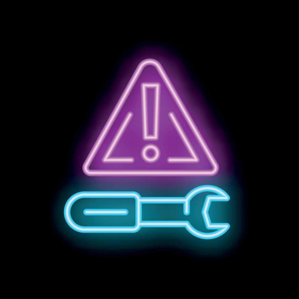 Neon warning sign and wrench icon glowing on dark background vector