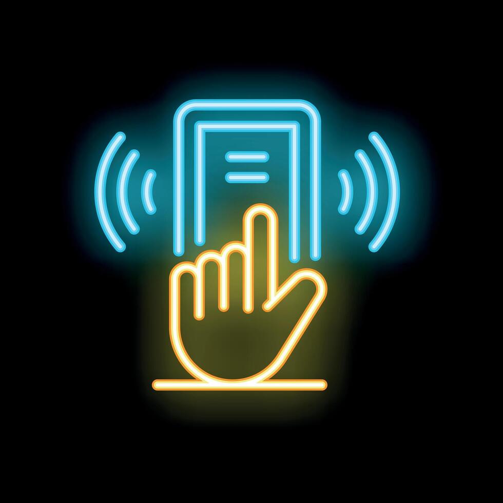 Hand touching smartphone screen neon sign icon showing mobile phone interaction vector