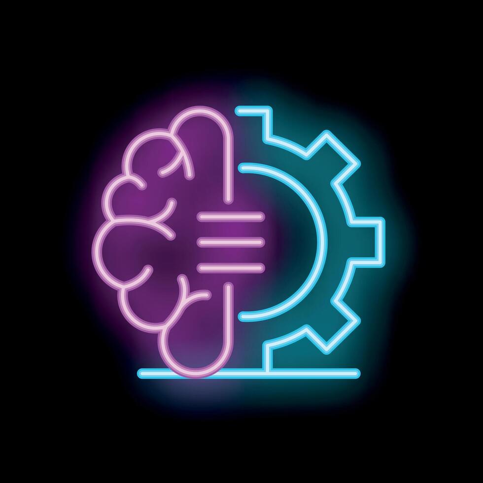 Neon icon of human brain merging with mechanical gear wheel vector