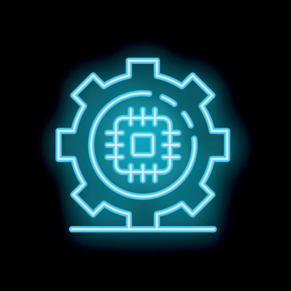 Neon icon of gear and microchip representing technological industry vector
