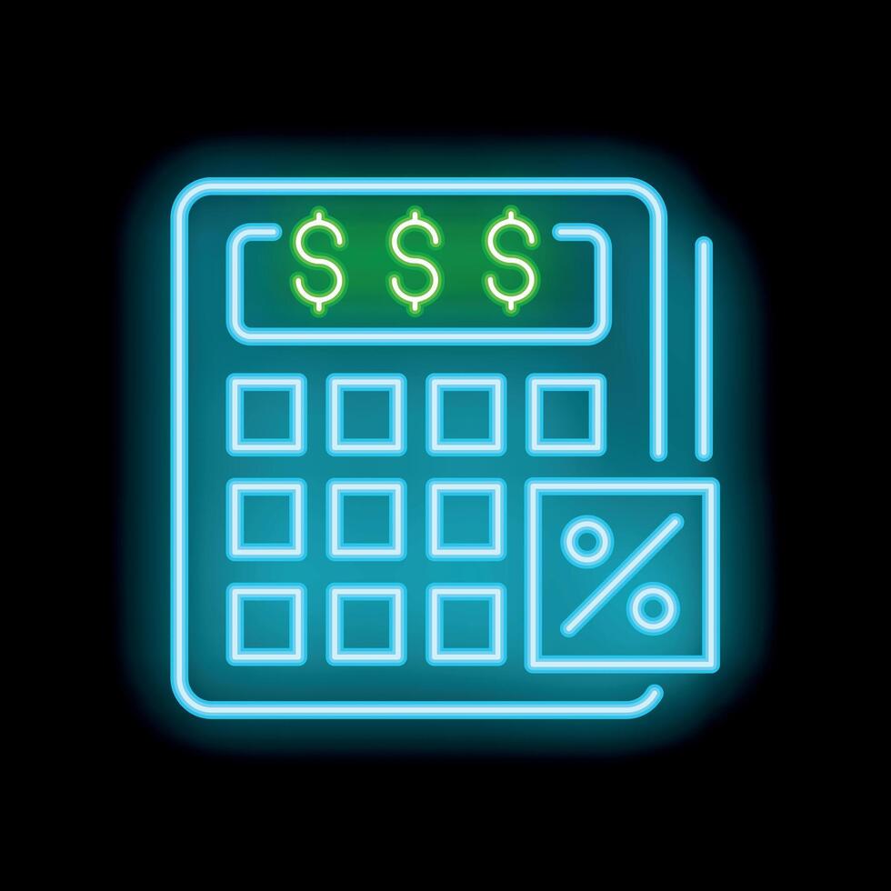 Calculator showing money and percentage symbol in neon style vector