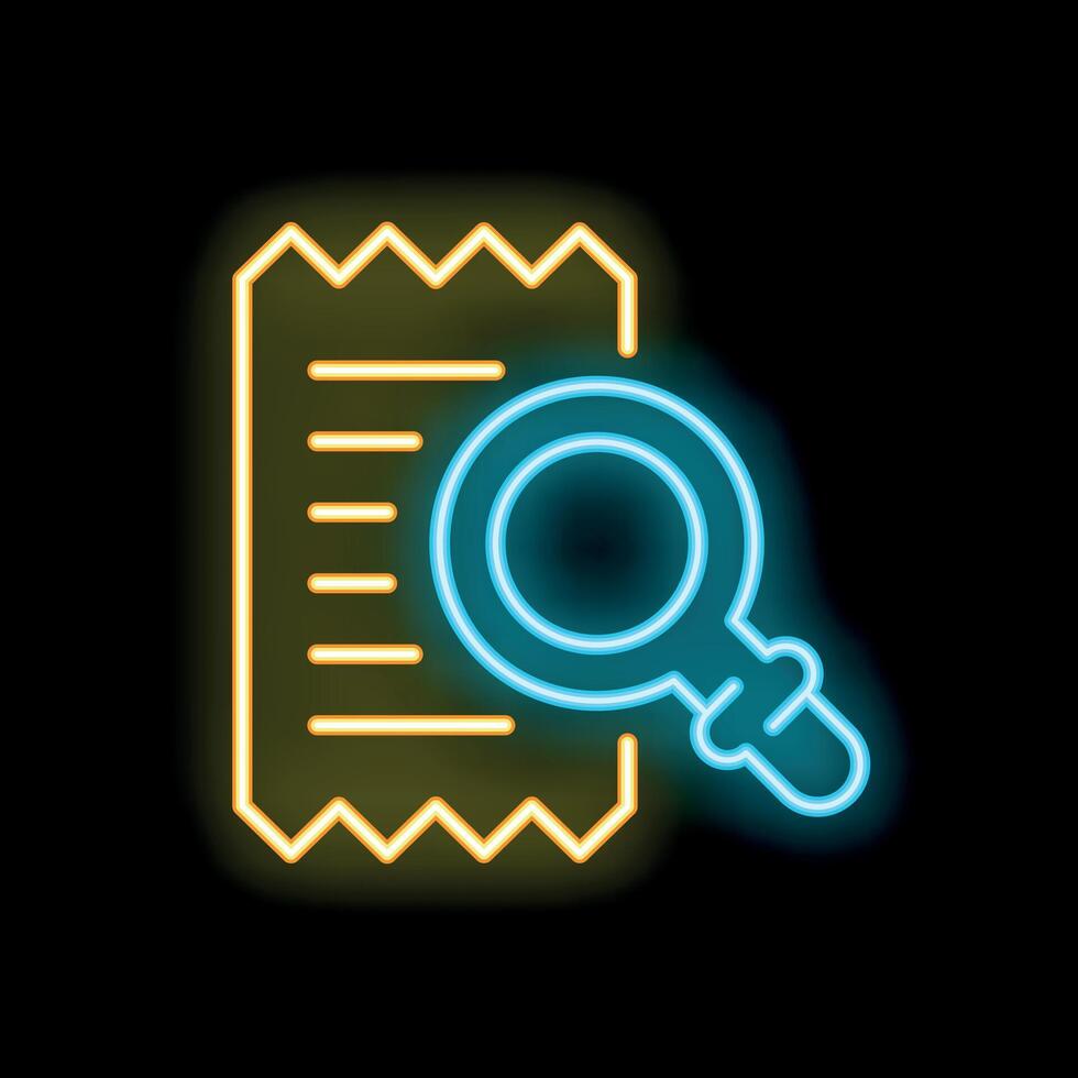 Neon icon of magnifying glass hovering over receipt representing auditing services vector
