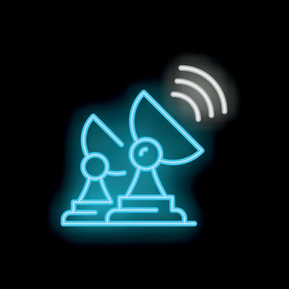 Neon satellite dish transmitting data signal icon vector