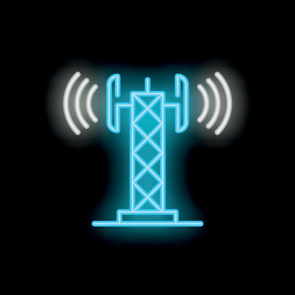 Neon icon of telecommunication tower transmitting radio waves vector