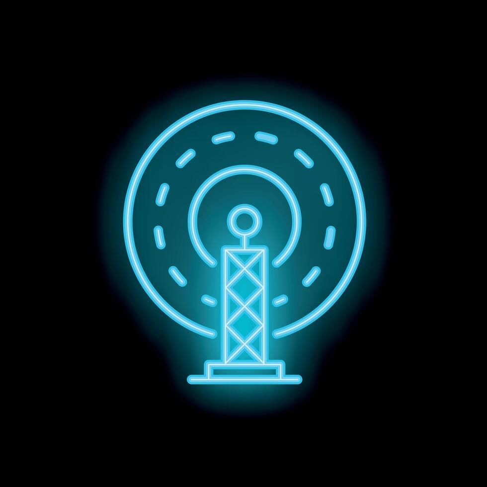Neon sign of a radio tower emitting radio waves in a circle on a black background vector