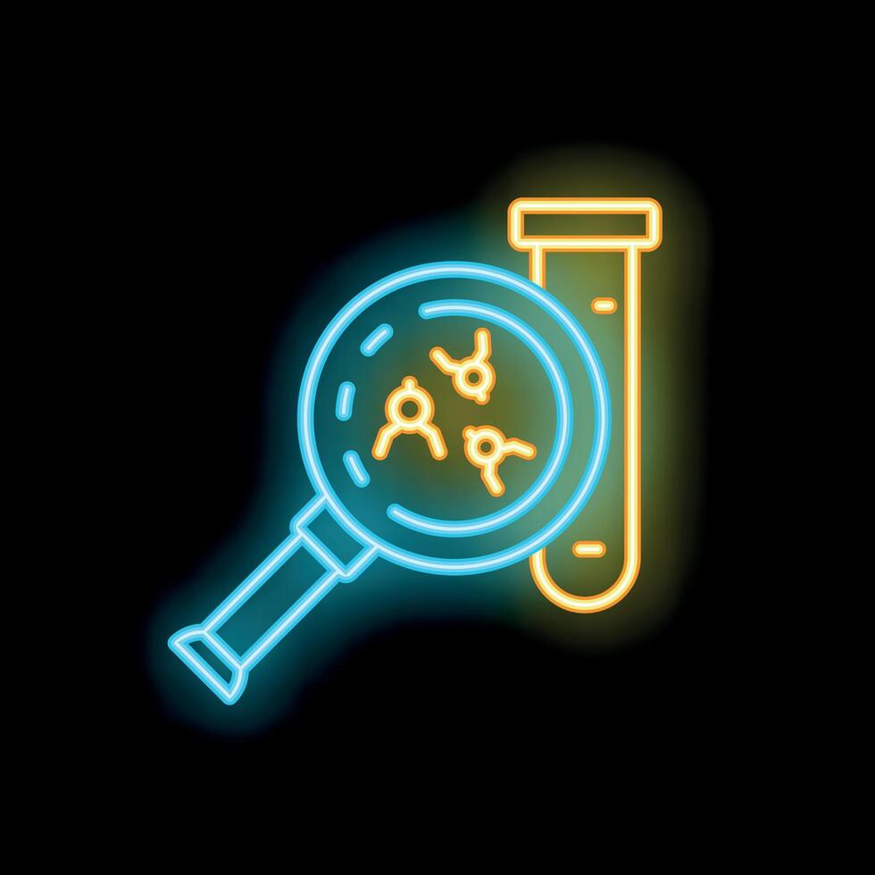 Neon icon of magnifying glass examining molecules in test tube vector