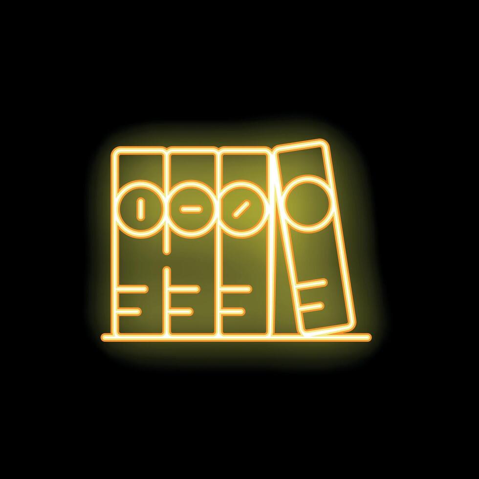 Neon icon of office binders on a shelf glowing yellow vector