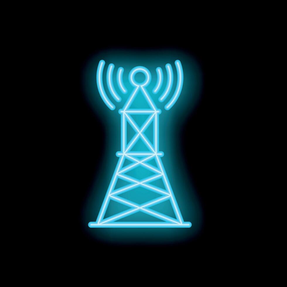 Neon icon of telecommunication tower transmitting signal vector