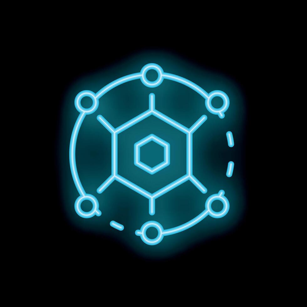 Neon blue blockchain network connecting with circles on black background vector