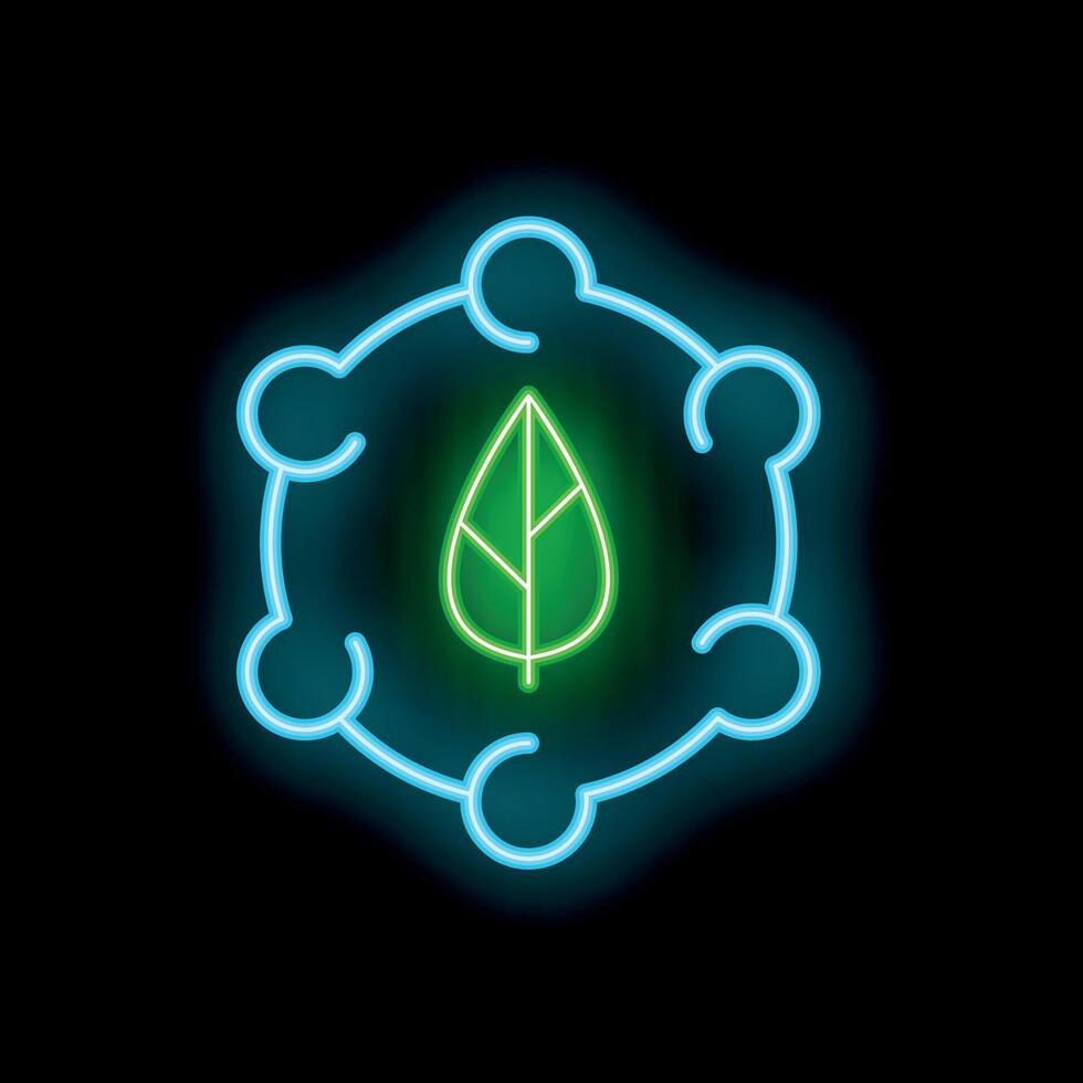 Neon icon of a leaf surrounded by a network representing environmental collaboration vector