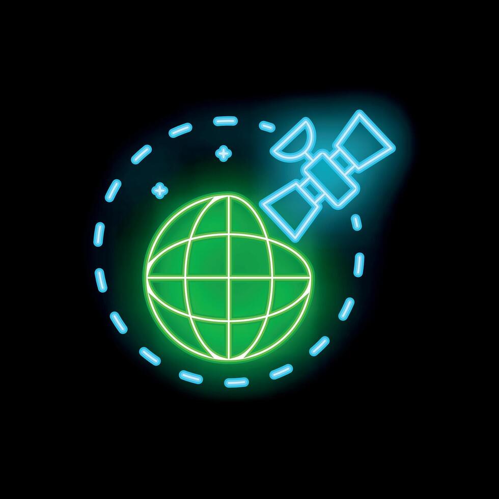 Satellite orbiting earth neon sign on black background vector
