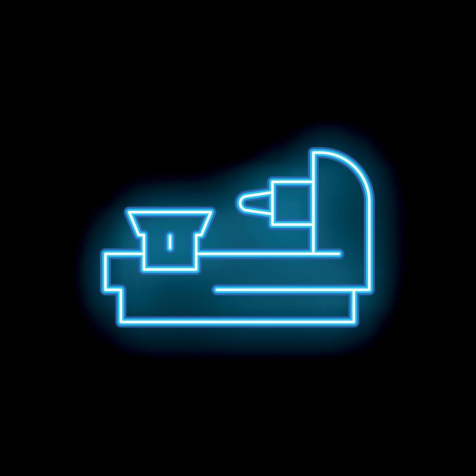Neon blue lathe machine icon glowing on black background vector
