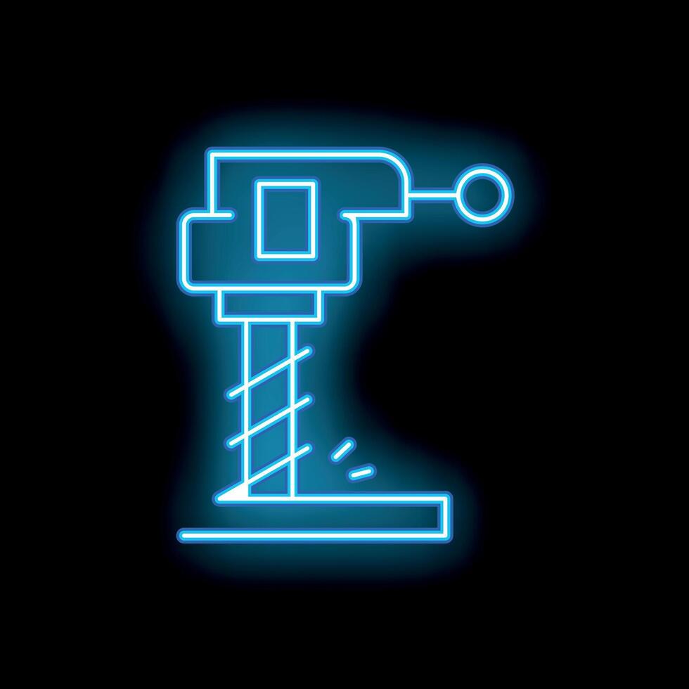 Blue neon icon of a drilling machine drilling a hole on a black background vector
