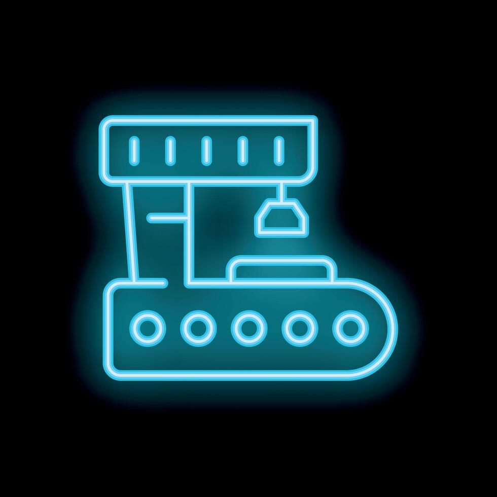 Blue neon icon of a conveyor belt moving a package on black background vector