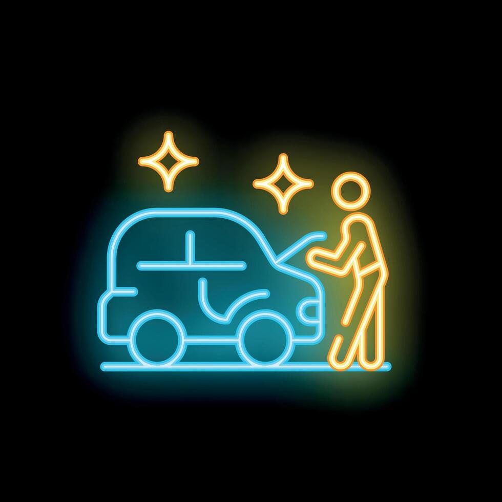 Mechanic opening hood of a car for repair in neon style vector