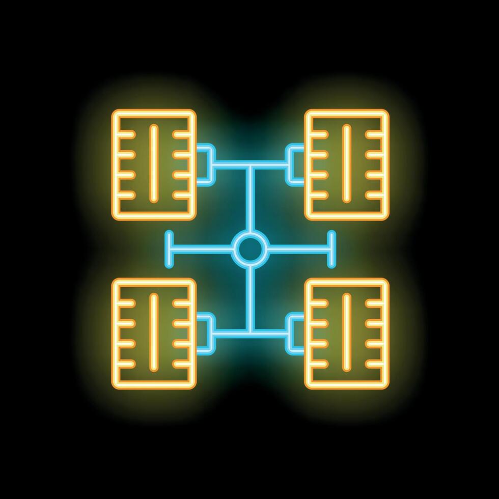 Neon chassis with servers connected to network hub icon glowing on black background vector