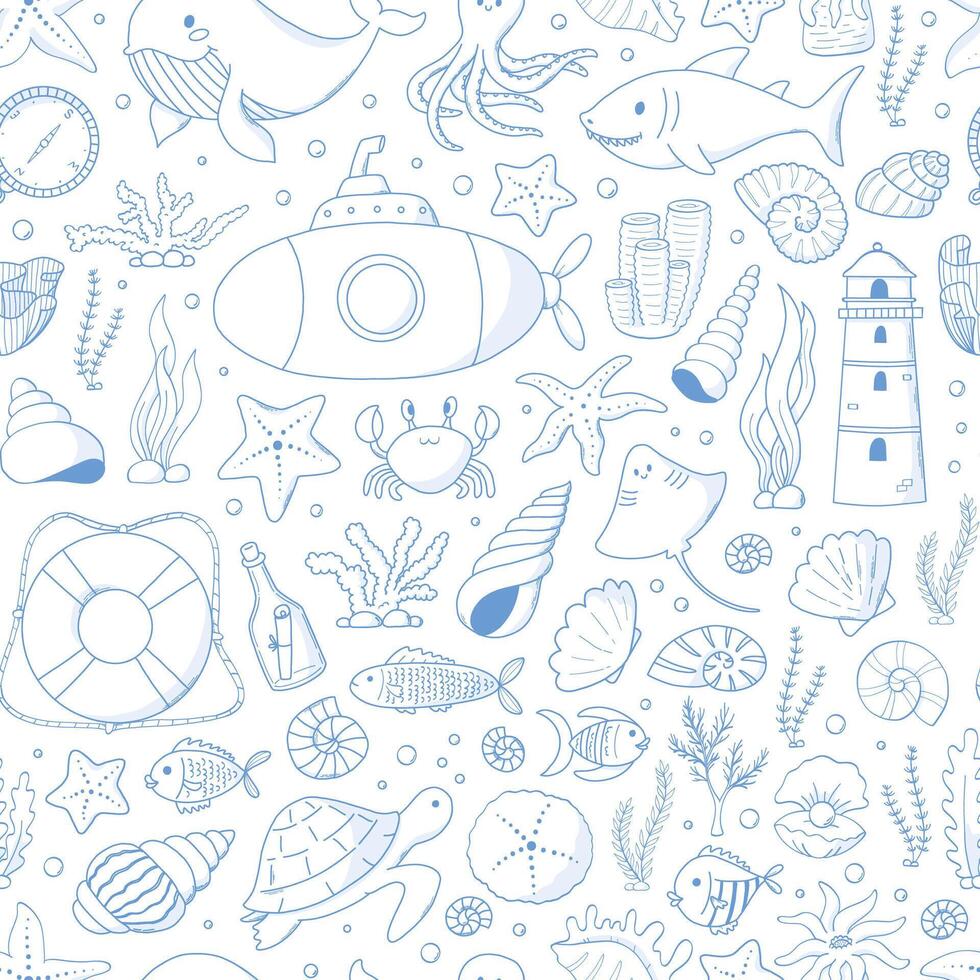 Sea life doodles monochrome seamless pattern for wallpaper, textile prints, wrapping paper, banners, backgrounds, digital paper, etc. EPS 10 vector