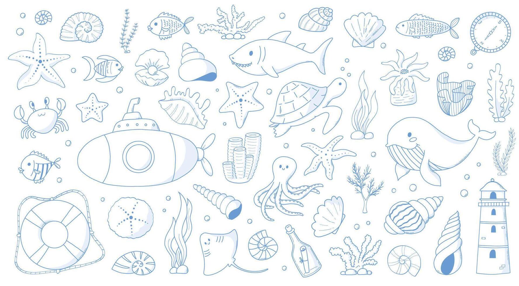 Sea and ocean monochrome doodles collection for prints, coloring pages, stickers, banners, signs, cards, posters, etc. EPS 10 vector