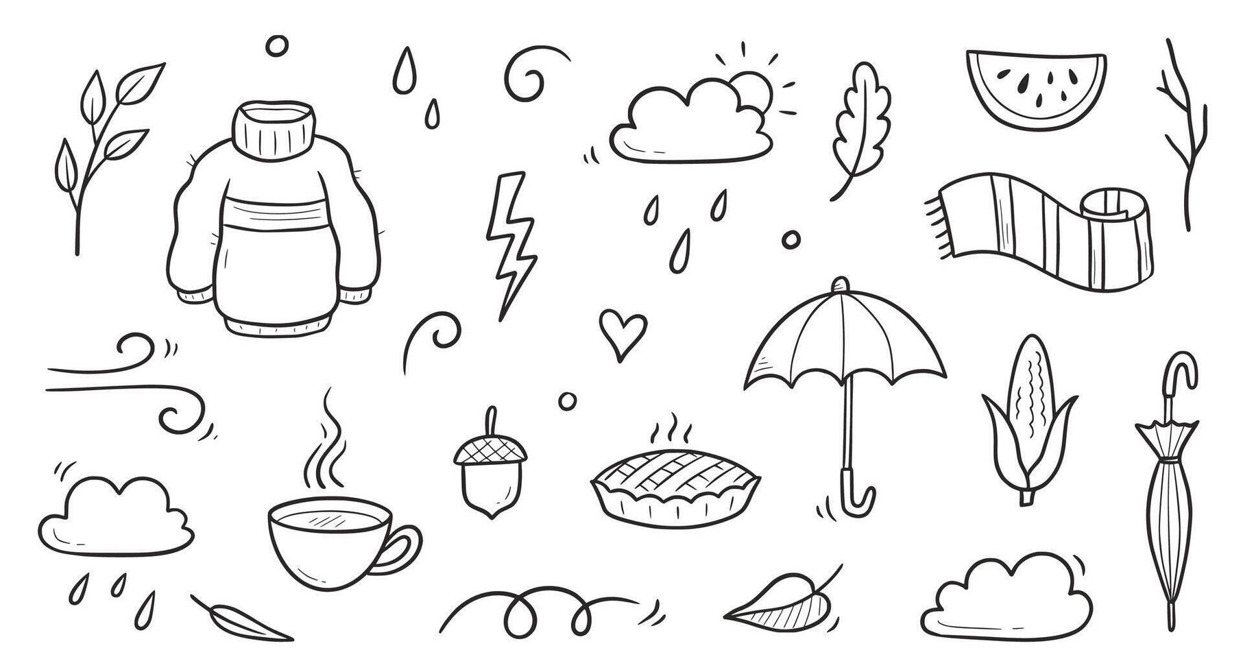 Autumn doodle set. Hand drawn doodle sketch style nature fall season, autumn icon background. Autumn falling leaves, wind season, umbrella sketch elements. vector