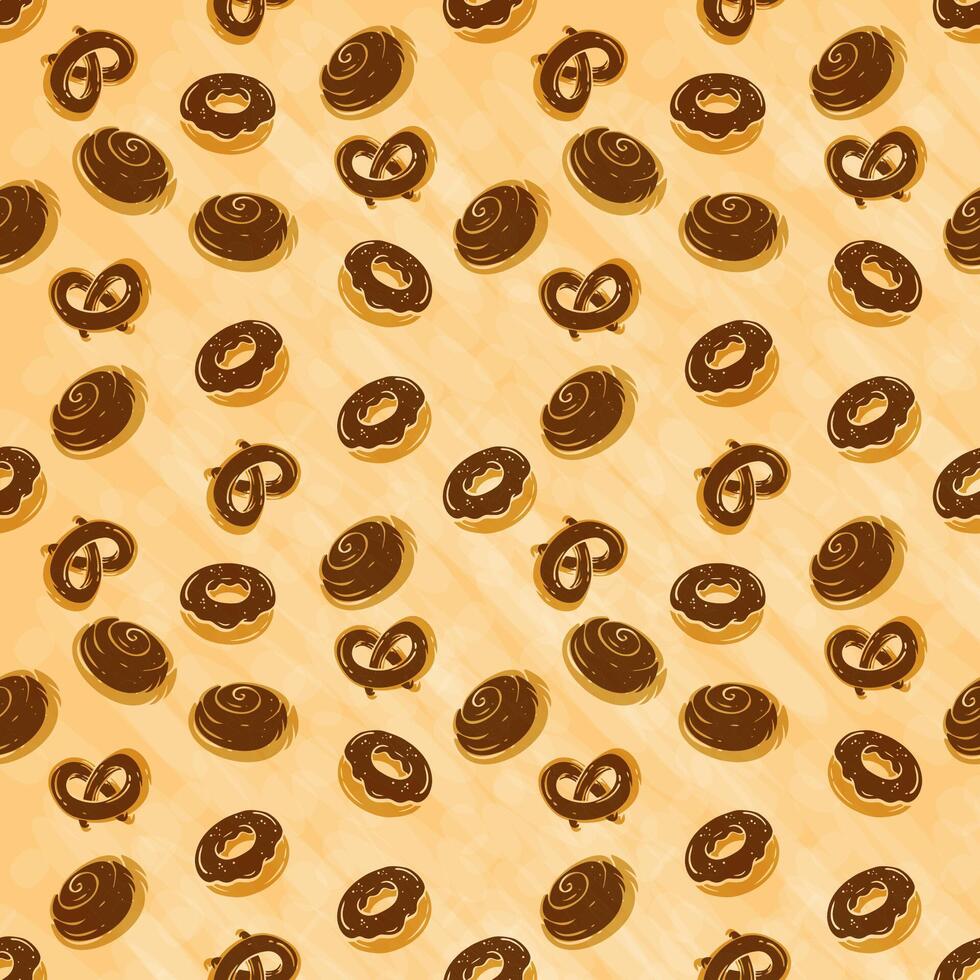 Seamless pattern with baked goods, on a light brown background. vector