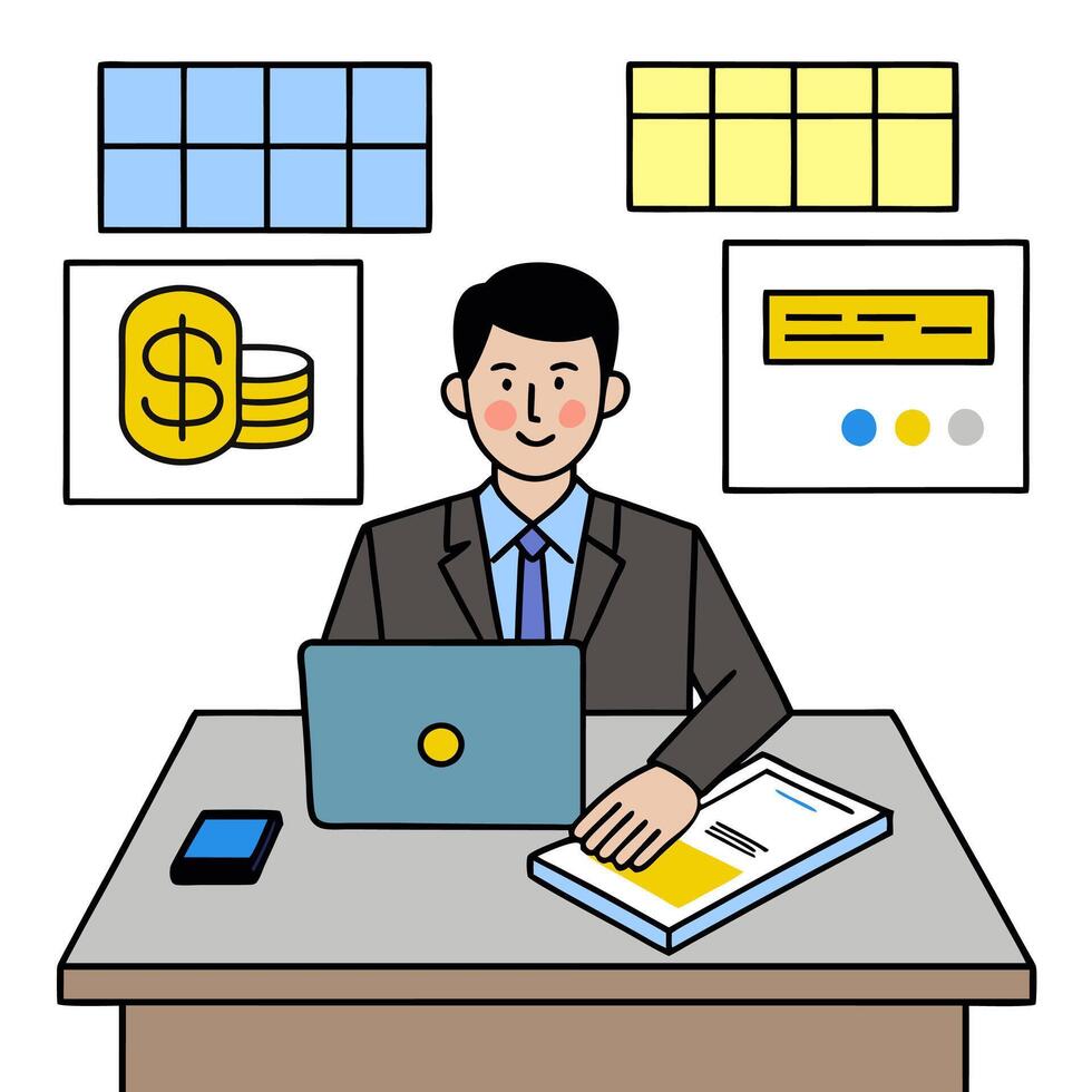 Accountant with Financial Software and Digital Ledger in Futuristic Office concept as Long shot of an accountant using financial software and a digital ledger in vector
