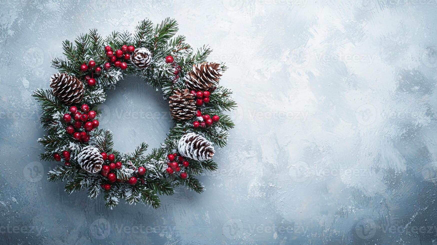 A wreath with pine cones and berries on a blue background photo