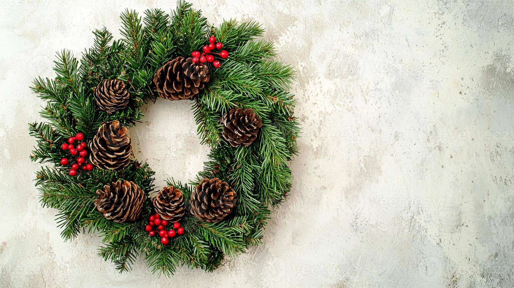 A wreath with pine cones and berries on a wall photo