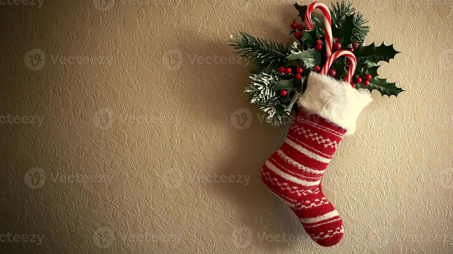 A red and white christmas stocking hanging on a wall photo