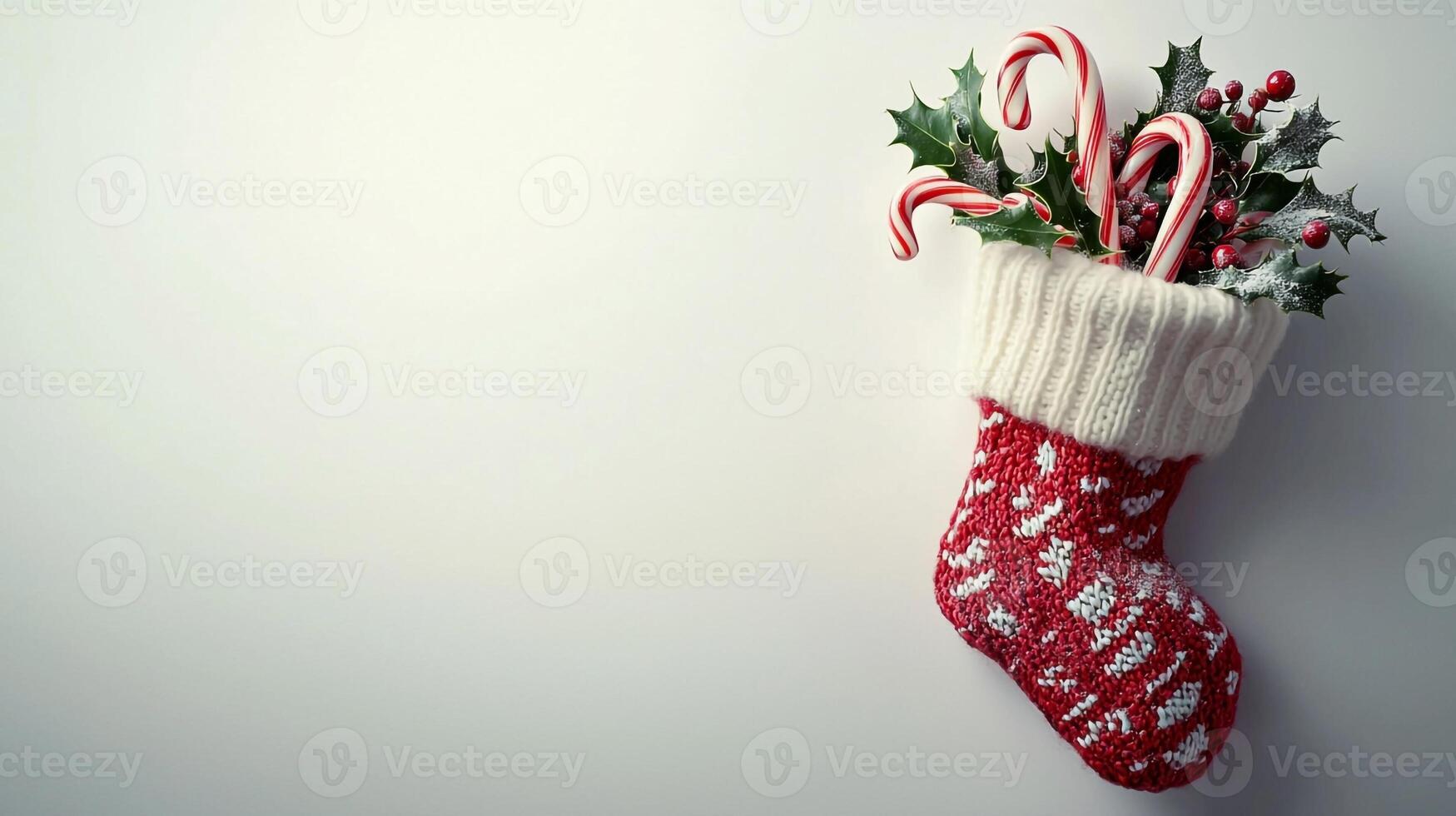 Christmas stocking with candy canes and holly on white background photo