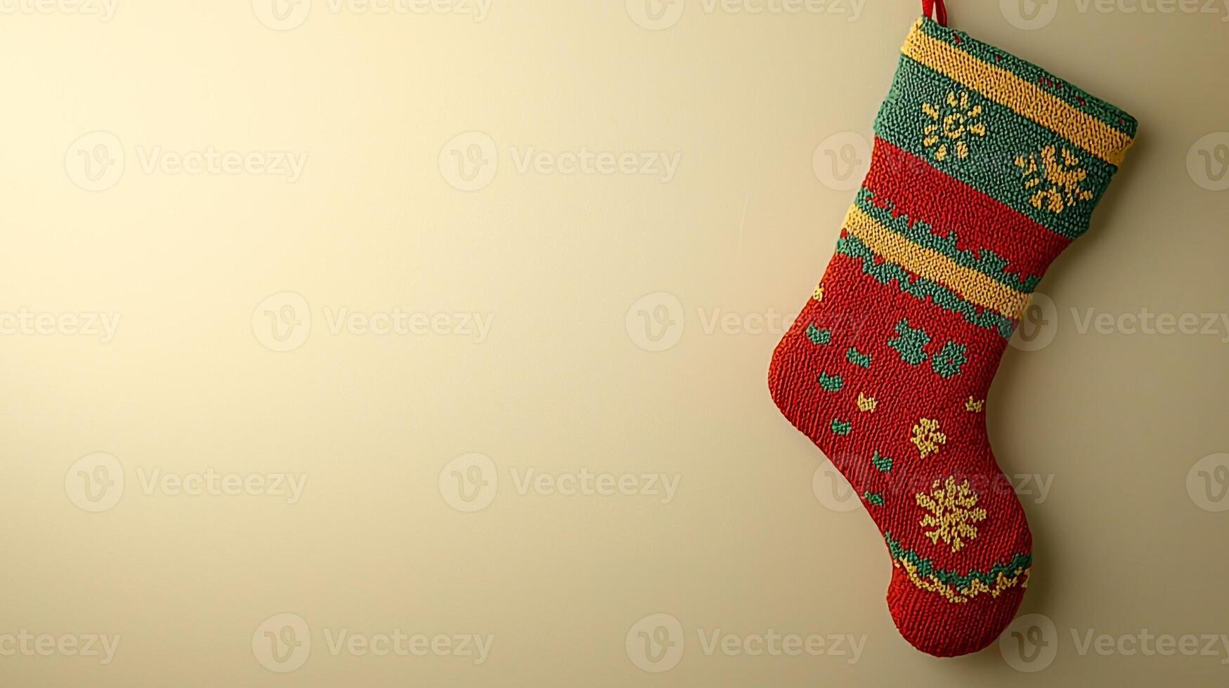 A red and green christmas stocking hanging on a wall photo
