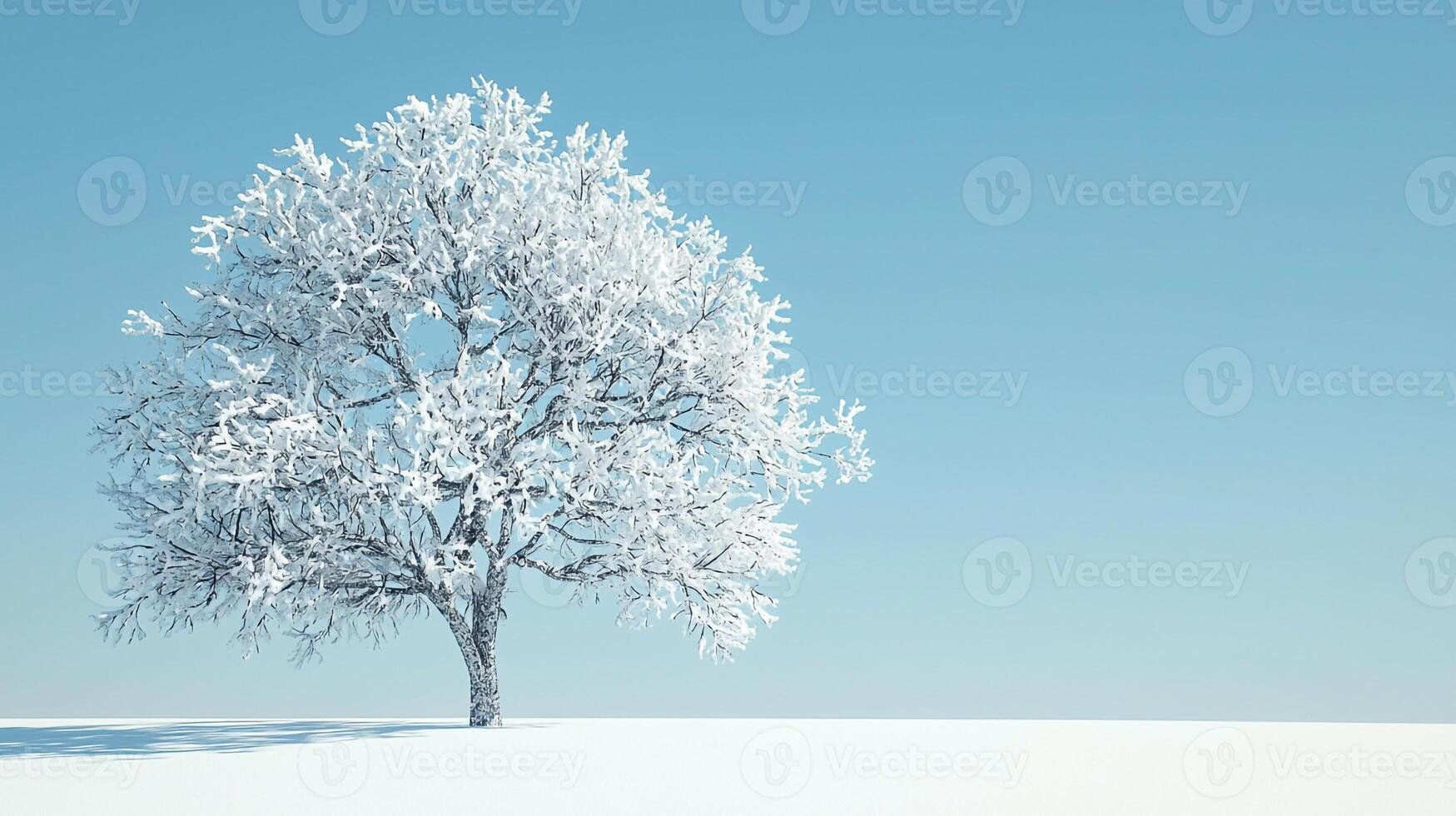 A tree is covered in snow on a snowy field photo