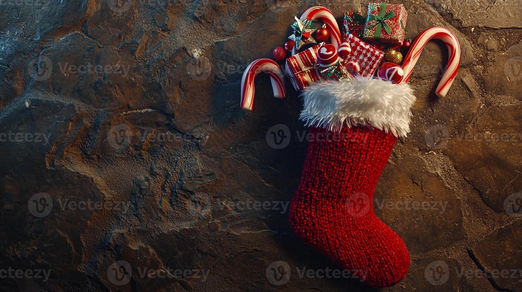 A christmas stocking with candy canes and candy photo