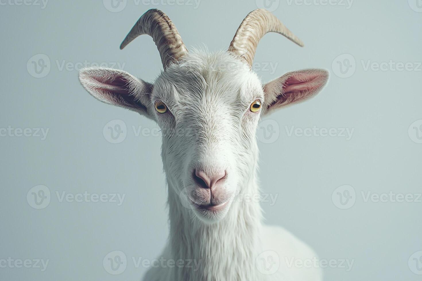 A goat with big horns on a gray background photo