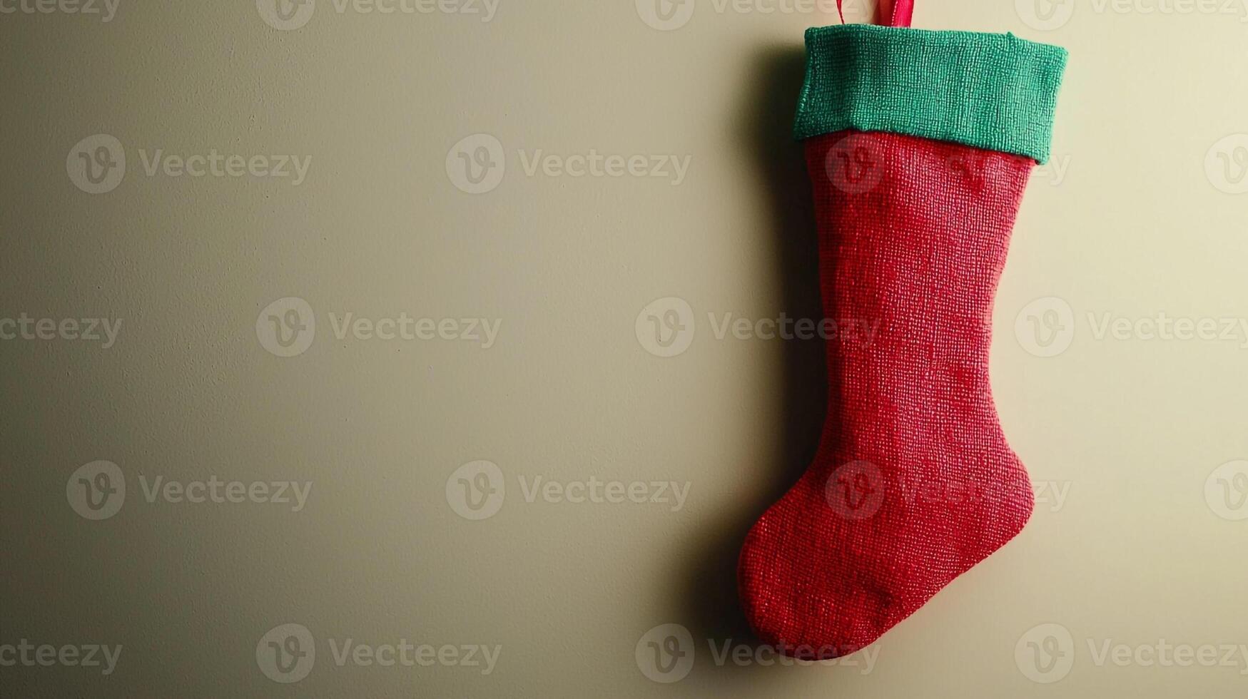 A red and green christmas stocking hanging on a wall photo