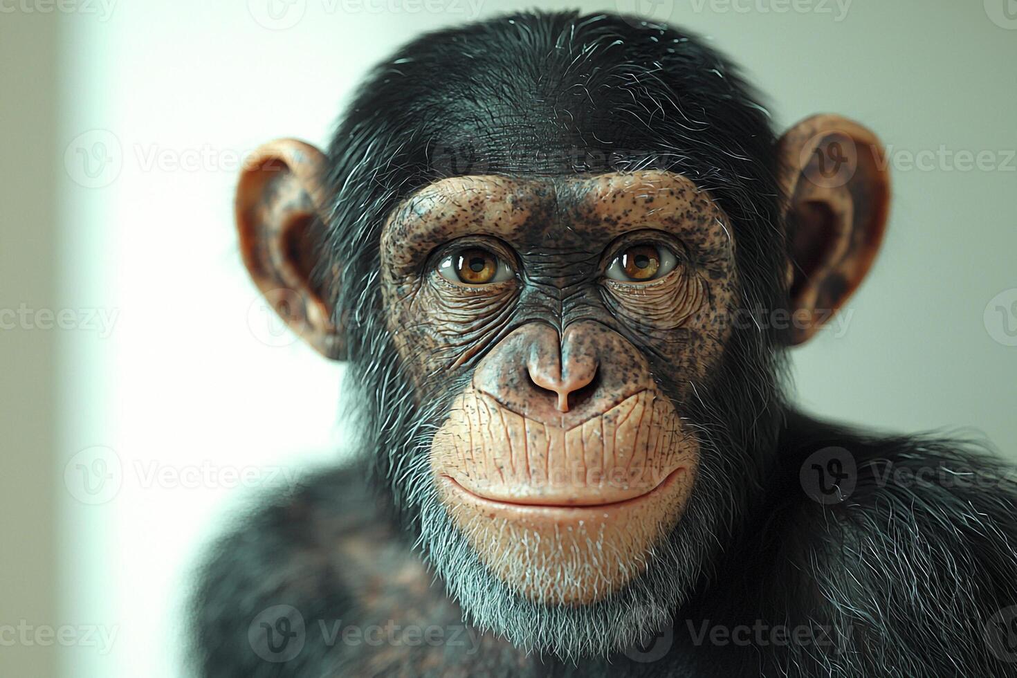 A close up of a chimpanzee with a big smile photo
