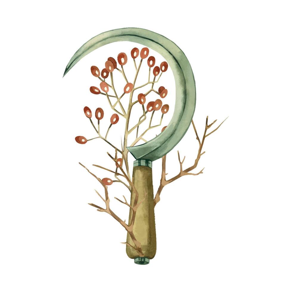 Metal sickle with wooden handle, branch with viburnum berries, bare tree branch, all objects are hand painted with watercolors. Watercolor illustration. For printing on fabric, paper, for decoration vector