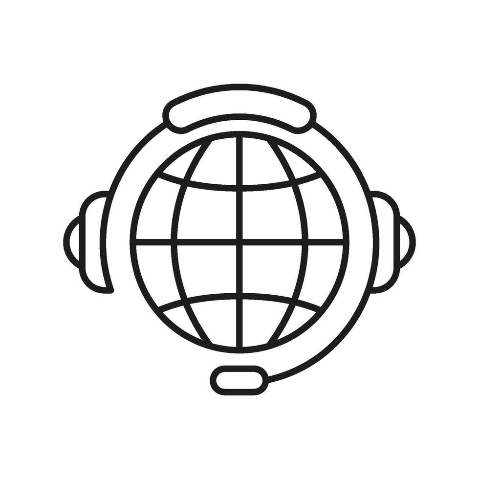 Global Customer Support Line Icon with Headset for International Service. Worldwide Help and Communication Outline Symbol. Editable Stroke. Isolated Illustration vector