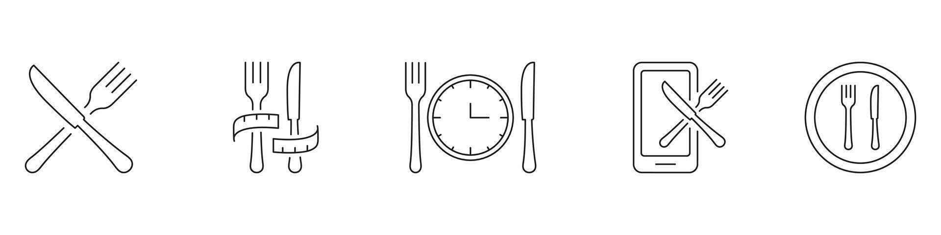 Diet and Meal Management Line Icon Set, Featuring Cutlery, Time, and Mobile Tracking Symbols. Meal Timing Concept. Editable Stroke. Isolated Illustration vector