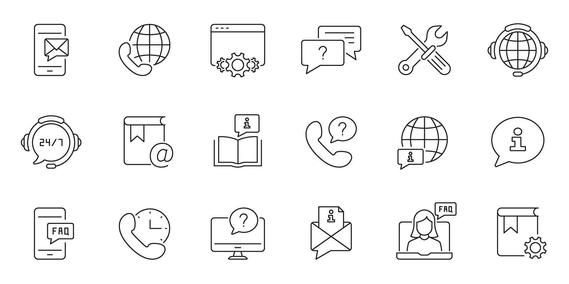 Customer Support Tools Line Icon Set. Global Communication, FAQ, Online Assistance Outline Symbol Collection. Editable Stroke. Isolated Illustration vector