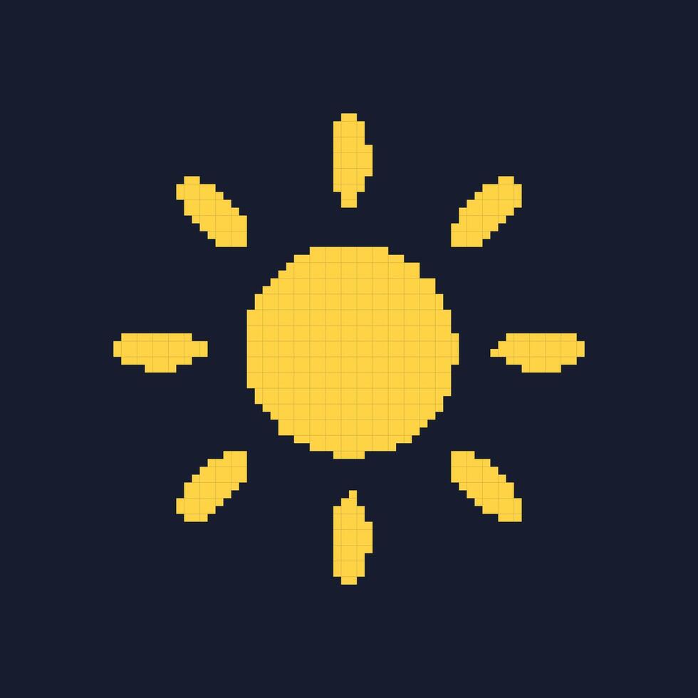 Retro Game Yellow Sun Isolated on Dark Background. Sun Pixel Art Icon. Vintage Game Symbol. Isolated Illustration vector