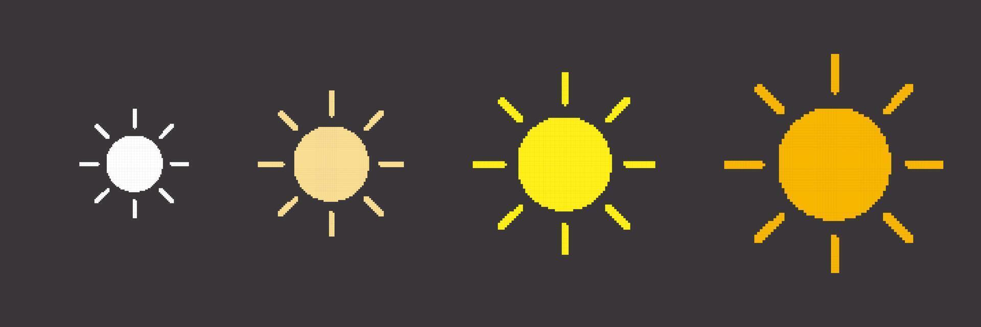 Pixel Art Yellow Sun Icon Set. Retro Weather Symbol Collection. 8 Bit Game Concept. Isolated Illustration vector