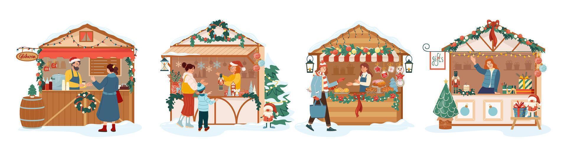 Collection of Christmas market stalls with sellers. Wooden booth filled with souvenirs, garlands and gifts. Customers buy mulled wine, nutcrackers and gingerbread at this festive winter fair. vector