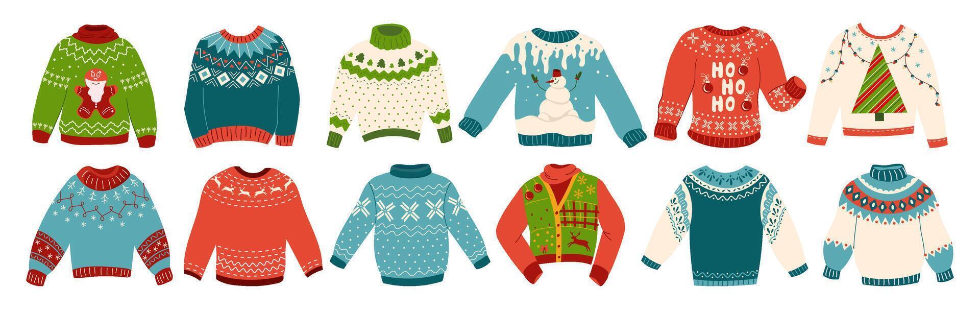 Collection illustrations of cozy sweaters, featuring cute wool pullovers with Norwegian patterns and traditional holiday prints, perfect for comfort and Christmas parties Set of knitted winter jumpers vector