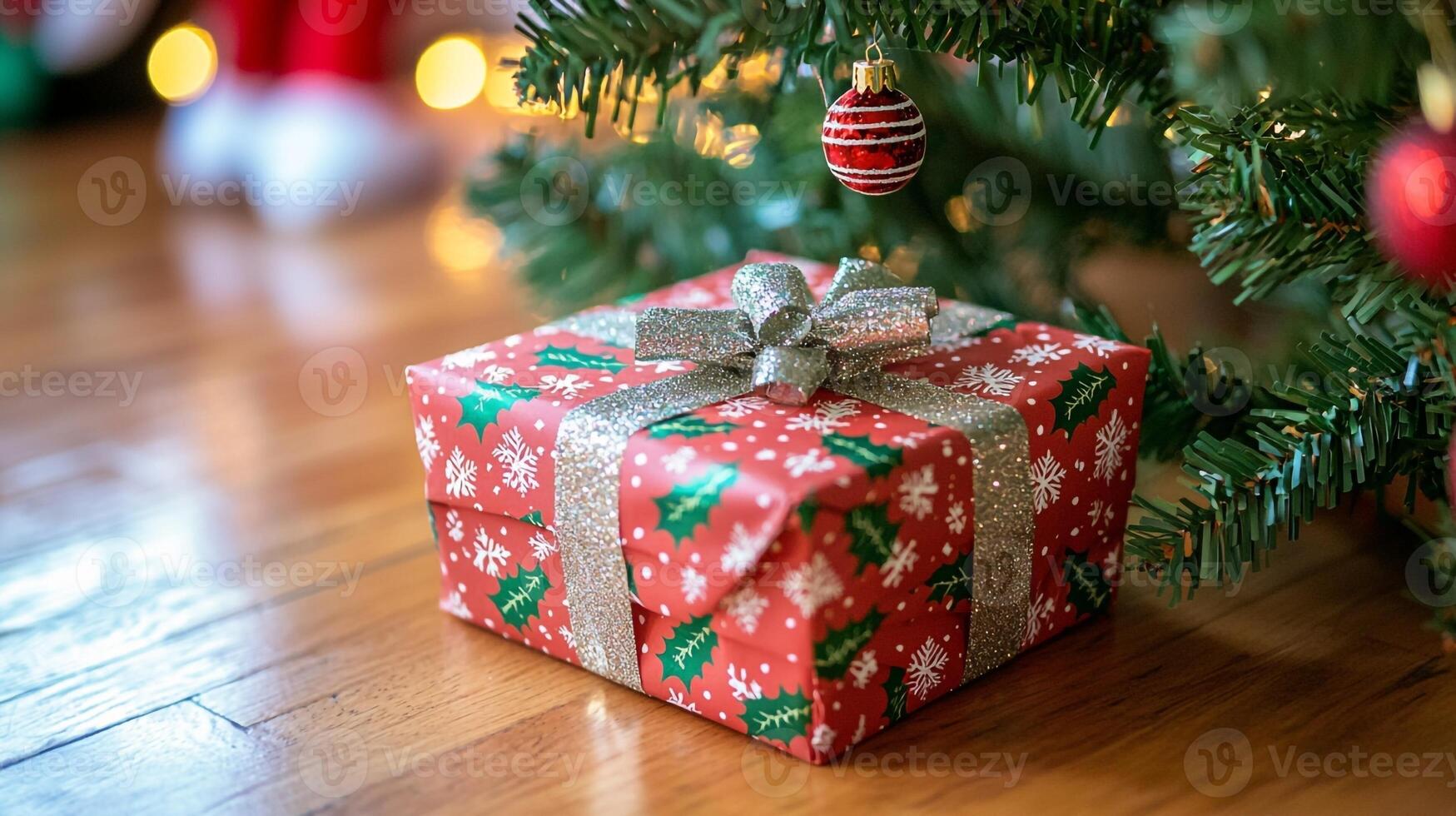 A red gift box sitting on the floor near a christmas tree photo