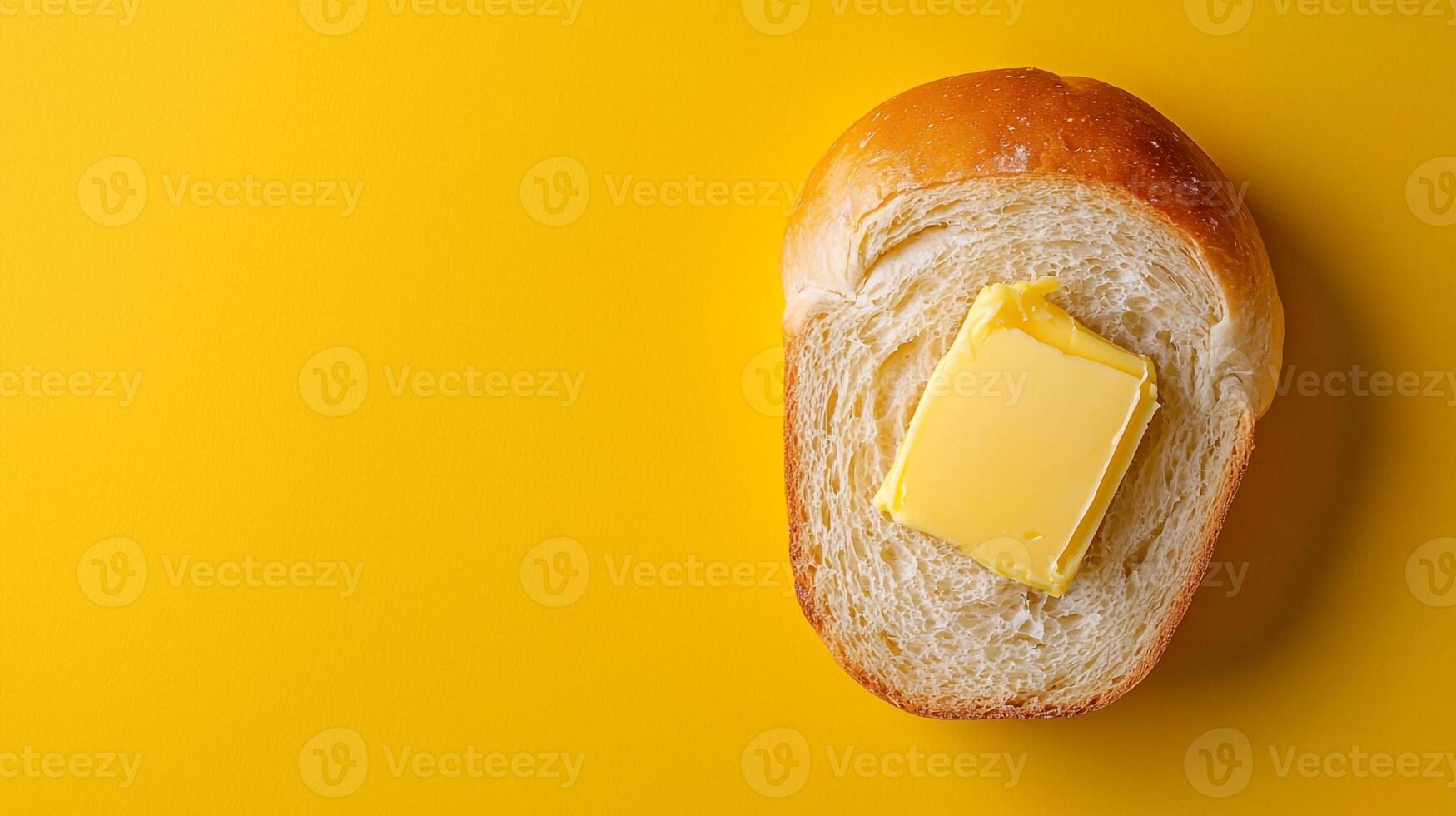 Butter on bread on yellow background photo