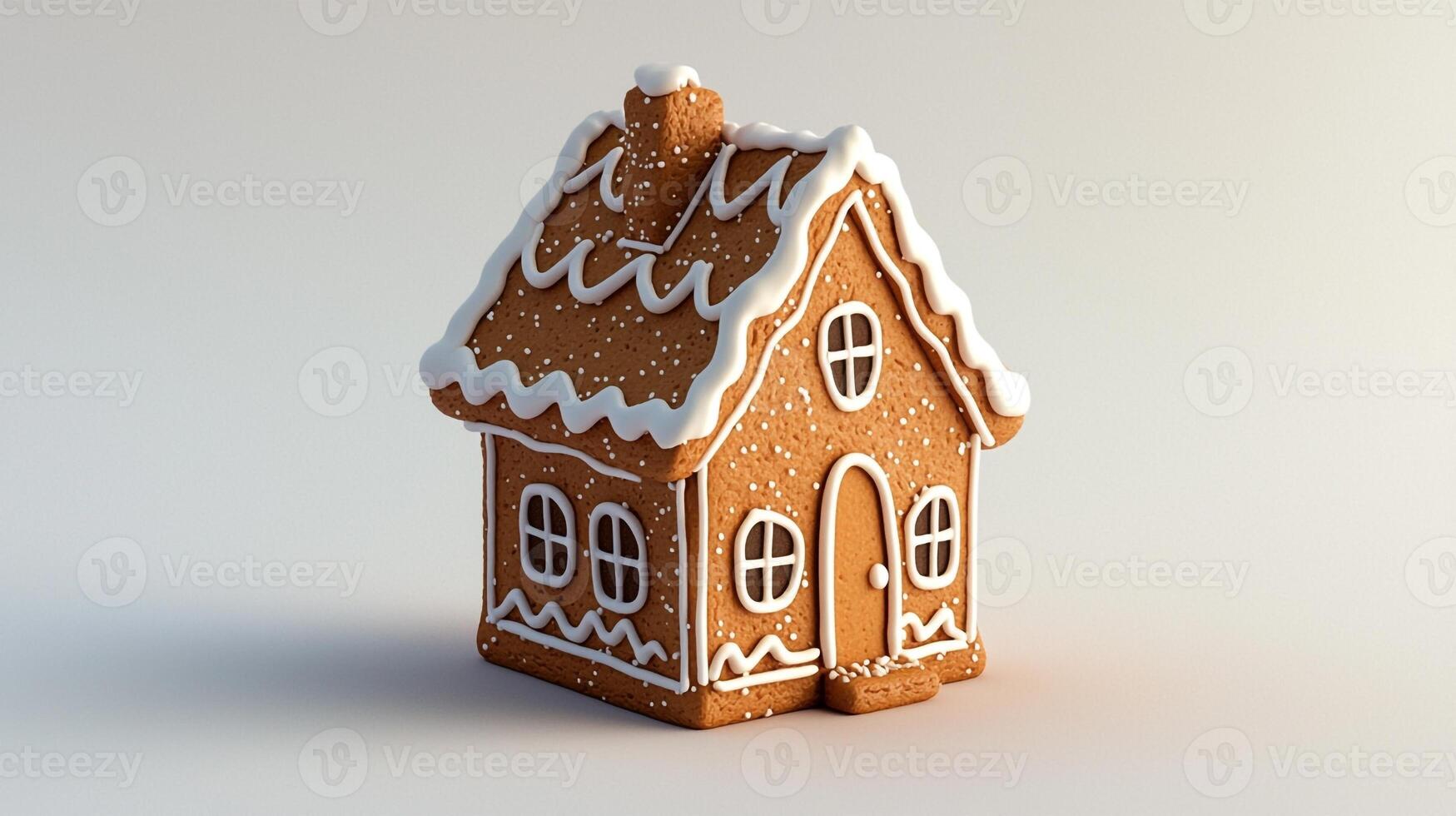 A gingerbread house is shown in a white background photo