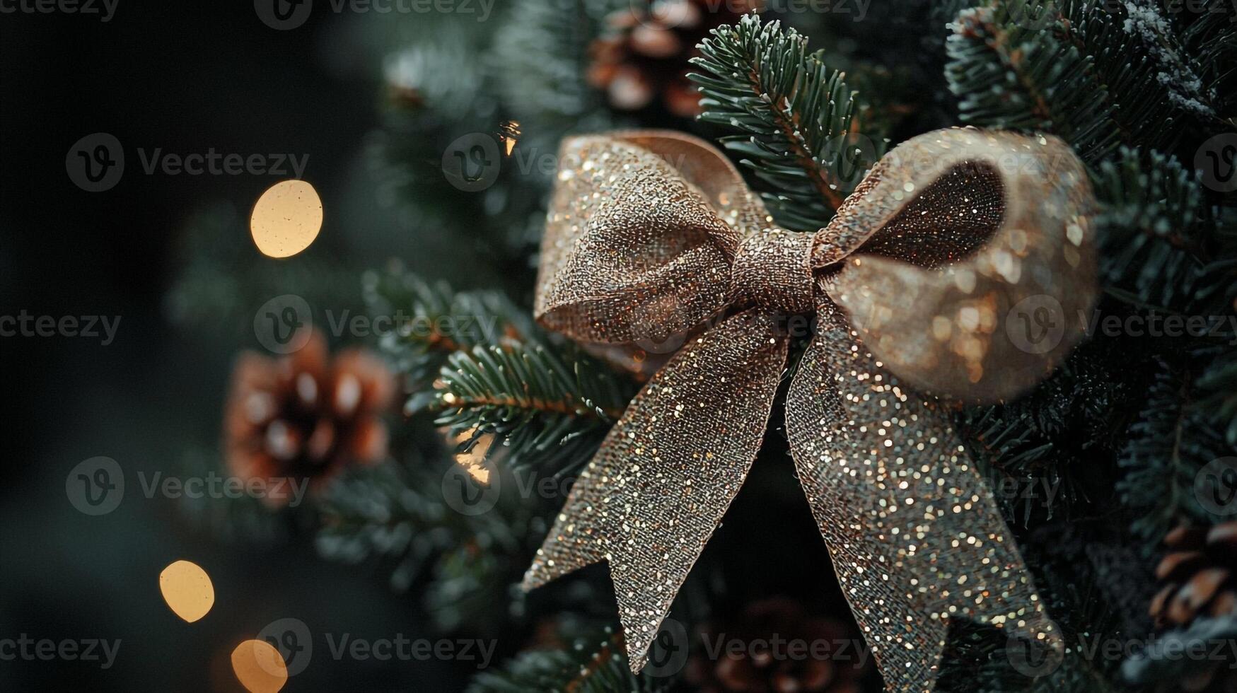 A gold bow on a christmas tree with lights photo