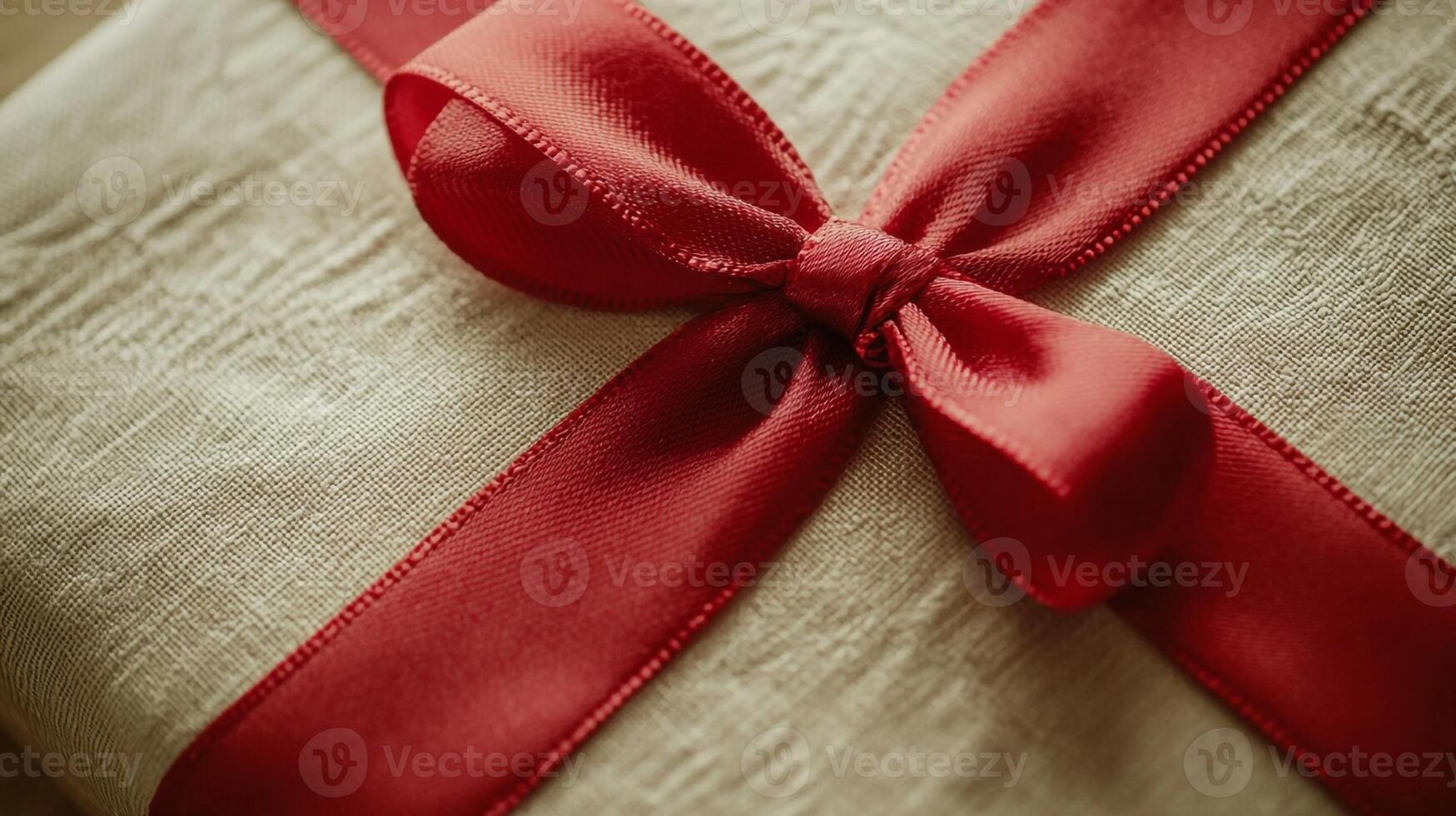 A red ribbon tied around a gift wrapped in white photo